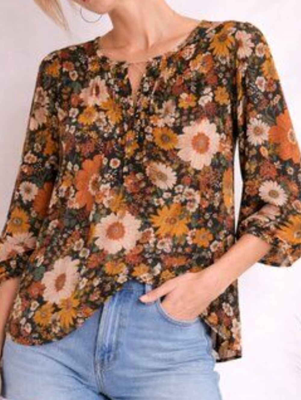 Natural Life 100% Cotton Boho Floral V Neck Long Sleeve Top L/XL Large XL - Picture 2 of 6
